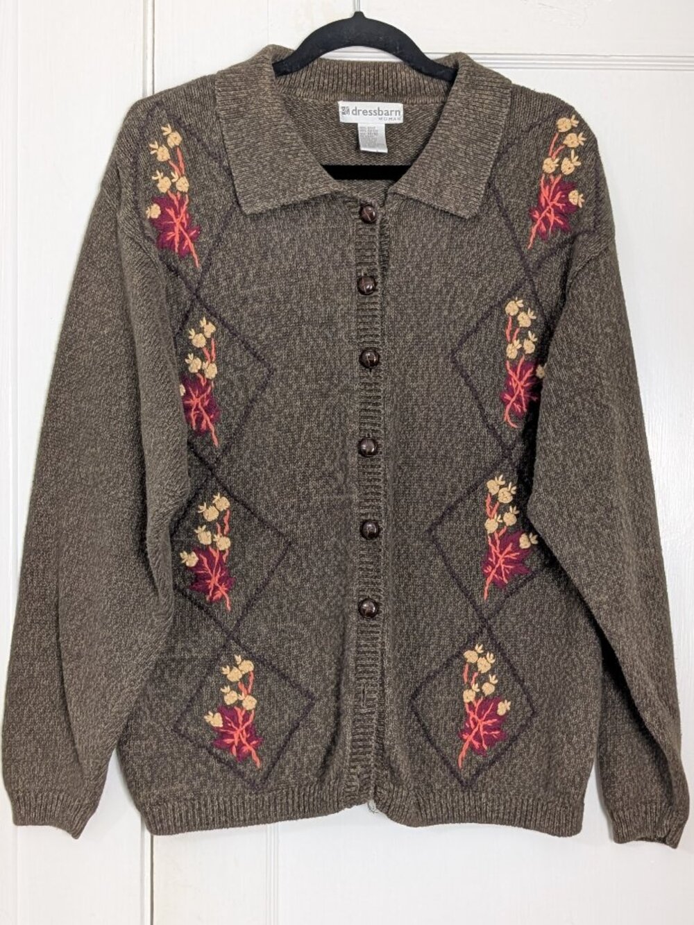 Dress Barn Brown Knit Sweater Fall Leaves Cardigan Cottagecore Embroidered 14/16
